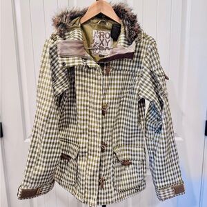 Roxy Olive and White Patterned Ski/Snowboard Coat with Faux Fur Trim